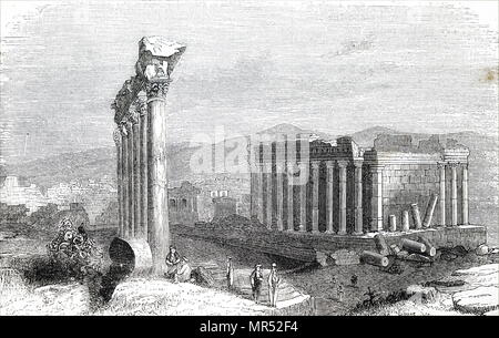 Illustrazione raffigurante le rovine di Baalbek, Libano, una città Anti-Lebanon colline ad est del fiume Litani in Libano Beqaa della valle. Datata del XIX secolo Foto Stock