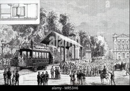 Illustrazione che mostra la prima ferrovia elettrica, creato da Charles Siemens e Johann Georg Halske, presso la Fiera di elettricità del 1881, Parigi. Charles Siemens (1823-1883) un tedesco-nato ingegnere e imprenditore. Johann Georg Halske (1814-1890) un maestro tedesco meccanico. Datata del XIX secolo Foto Stock