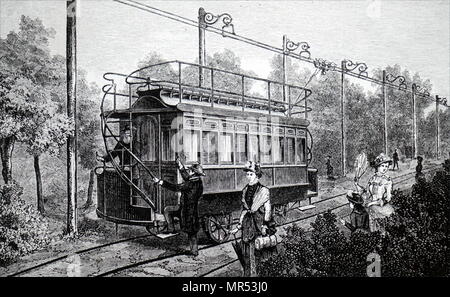 Illustrazione che mostra la prima ferrovia elettrica, creato da Charles Siemens e Johann Georg Halske, presso la Fiera di elettricità del 1881, Parigi. Charles Siemens (1823-1883) un tedesco-nato ingegnere e imprenditore. Johann Georg Halske (1814-1890) un maestro tedesco meccanico. Datata del XIX secolo Foto Stock