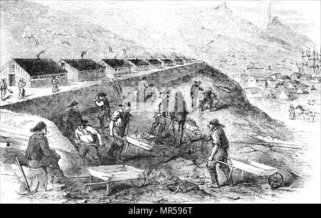 Illustrazione raffigurante navvies lavorando sul Balaklava linea ferroviaria. Datata del XIX secolo Foto Stock