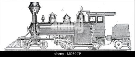 Incisione raffigurante una sezione longitudinale centrale di una locomotiva di locomotiva Baldwin funziona, Philadelphia. Datata del XIX secolo Foto Stock