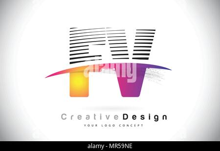 FV F V lettera Logo Design Creative con linee e Swosh in viola colore spazzola illustrazione vettoriale. Illustrazione Vettoriale