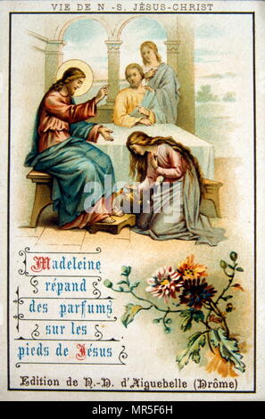 Francese scheda di Natale che mostra il lavaggio di Gesù i piedi da Maria Magdalena. 1900 Foto Stock