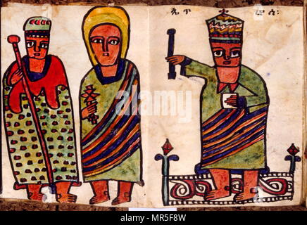 Xix secolo etiope cristiano copto libro di preghiera. Illustrazione eventualmente che mostra la Vergine Maria con il re Erode o un magi. circa nel 1870 Foto Stock
