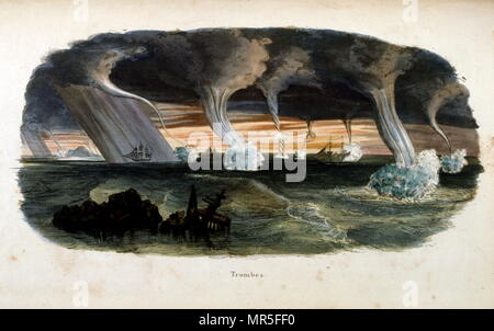 Il francese del XIX secolo illustrazione di una serie di waterspouts. 1833. Un trombe è un intenso vortice colonnare (di solito appaiono come un imbuto a forma di nuvola); che avviene su di un corpo di acqua. Foto Stock