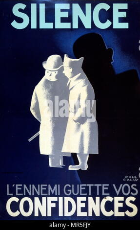 Il francese la Seconda Guerra Mondiale la propaganda poster esortando i cittadini francesi di mantenere "ilence' in modo da non lasciare che il nemico ascoltano casualmente segreti 1942 Foto Stock