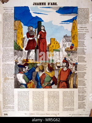 Il francese del XIX secolo illustrazione della esecuzione di Giovanna d'Arco (c. 1412 - 1431); soprannominata "La cameriera di Orléans" (Francese: La Pucelle d'Orléans); è considerato un'eroina della Francia per il suo ruolo durante la fase Lancastrian dei cento anni di guerra e fu canonizzato come cattolica romana san. Foto Stock