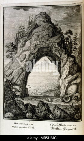 Incisione su rame da 'Physica Sacra' da studioso svizzero Johann Jakob Scheuchzer (1672 - 1733). Scheuchzer creduto il Vecchio Testamento è una rappresentazione fattuale della storia umana e naturale della vita. Physica Sacra è una raccolta di arte, scienza e spiritualità. Scheuchzer utilizza la Bibbia come un riferimento per descrivere il mondo naturale. Physica Sacra è anche noto come Kupfer-Bibel che si traduce in "Bibbia di rame." I bozzetti sono state fatte da Johann Melchior Fussli & un numero di intagliatori lavorato sulla compilazione. Originariamente pubblicato nel 1731, dispone di oltre 700 piastra di rame incisioni Foto Stock