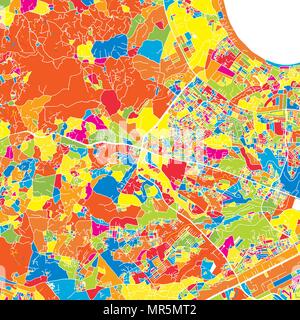 Dar es Salaam, Tanzania, colorata mappa vettoriale. Strade bianche, ferrovie e acqua. Colore luminoso punto di riferimento forme. Stampa di arte pattern. Illustrazione Vettoriale