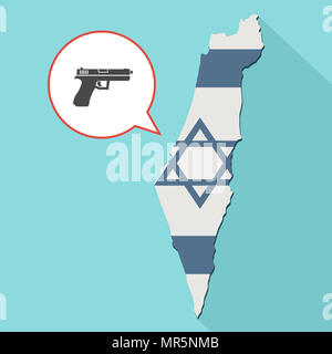 Illustrazione di una lunga ombra Israele mappa con la sua bandiera e un palloncino di fumetti con una pistola Foto Stock