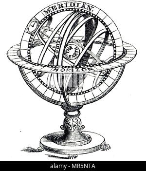 Incisione raffigurante una sfera armillare, un modello di oggetti nel cielo (sulla sfera celeste), costituito da un quadro di forma sferica di anelli, centrato sulla terra o il sole, che rappresentano le linee celesti di longitudine e latitudine ed altri astronomicamente importanti funzioni, quali l'eclittica. Datata del XIX secolo Foto Stock