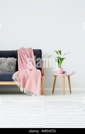 Impianti e libri sullo sgabello di legno accanto al divano con coperta rosa in un accogliente salotto interno con moquette Foto Stock