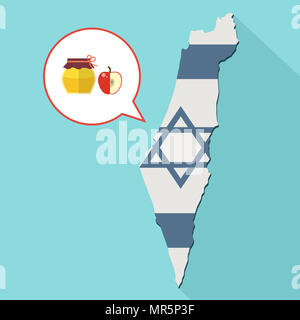 Illustrazione di una lunga ombra Israele mappa con la sua bandiera e un palloncino di fumetti con un vasetto di miele e di Apple Foto Stock