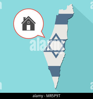 Illustrazione di una lunga ombra Israele mappa con la sua bandiera e un palloncino di fumetti con una casa Foto Stock