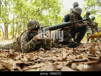 Cpl. Ismael Fonseca, un rifleman con scopi speciali Air-Ground Marine Task Force - Risposta in caso di crisi - Africa, dimostra la posizione prona ad un membro del Senegal di Compagnie Fusilier de Marin Commando a Toubakouta, Senegal, 13 aprile 2017. Marines con SPMAGTF-CR-AF e il COFUMACO condotta a quattro alla settimana di formazione professionale esercizio che includeva il combattimento avanzate tecniche di cottura, una mitragliatrice gamma e un live-fire attacco di plotone di gamma. (U.S. Marine Corps foto di Sgt. Samuel Guerra/rilasciato) Foto Stock