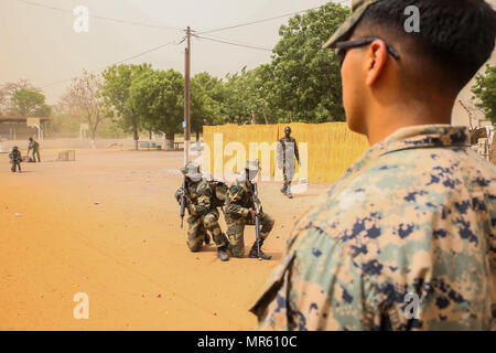 Cpl. Ismael Fonseca, un rifleman con scopi speciali Air-Ground Marine Task Force - Risposta in caso di crisi - Africa, osserva i membri del Senegal di Compagnie Fusilier de Marin Commando condurre una pattuglia di combattimento durante un quattro settimane di esercizio a Toubakouta, Senegal, 14 aprile 2017. Marines con SPMAGTF-CR-AF e il COFUMACO condotta a quattro alla settimana di formazione professionale esercizio che includeva il combattimento avanzate tecniche di cottura, una mitragliatrice gamma e un live-fire attacco di plotone di gamma. (U.S. Marine Corps foto di Sgt. Samuel Guerra/rilasciato) Foto Stock