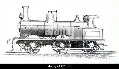 Incisione raffigurante un 0-6-0 locomotore. Sotto il Whyte notazione per la classificazione delle locomotive a vapore, 0-6-0 rappresenta la disposizione della ruota di no che portano le ruote, sei powered ed accoppiato alle ruote motrici su tre assi e non le ruote posteriore. Datata del XIX secolo Foto Stock