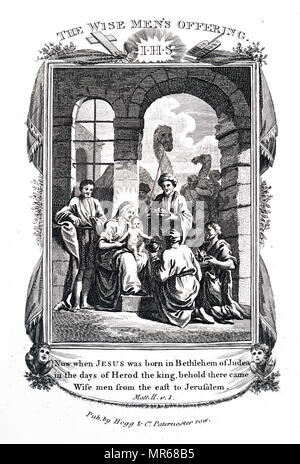 Incisione raffigurante i Magi presentando i loro doni al Bambino Gesù Cristo. Datata del XIX secolo Foto Stock