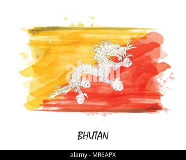 Realistica la pittura ad acquerello bandiera del Bhutan . Vector . Illustrazione Vettoriale