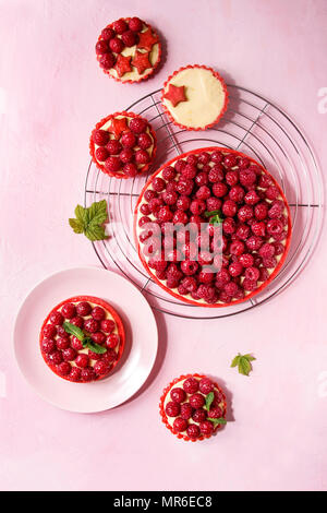 Varietà di rosso lampone frollini torte e pasticcini con crema di limone e vetrata di lamponi freschi serviti sulla griglia di raffreddamento su rosa pastello backgro Foto Stock