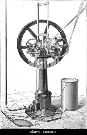 Incisione raffigurante Otto e Langen del gas motore. Questo motore alimentato 1hp a un costo di 12 1/2 p per ogni settimana di lavoro. Datata del XIX secolo Foto Stock