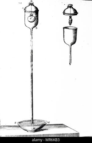Incisione raffigurante uno di Evangelista Torricelli esperimenti sulla pressione barometrica: piccolo diaframma contenente un po' di aria è stato appeso in una camera nella parte superiore del tubo di barometro (a destra). Il barometro è stato riempito con mercurio, il coperchio e la vescica mettere in atto (sinistra) e il mercurio lasciata sedimentare. La vescica espansa a causa di alterazione della pressione. Evangelista Torricelli (1608-1647) un fisico italiano e matematico, meglio conosciuto per la sua invenzione del barometro. Risalenti al XVII secolo Foto Stock