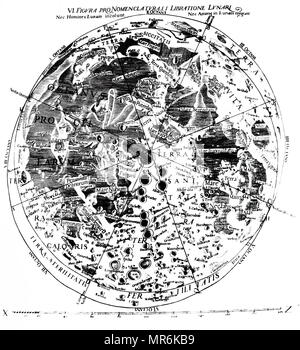 Incisione raffigurante un diciassettesimo secolo mappa della Luna sulla base di osservazioni da parte di Giovanni Battista Riccioli. Giovanni Battista Riccioli (1598-1671) un astronomo italiano e sacerdote cattolico in ordine gesuita. Risalenti al XVII secolo Foto Stock