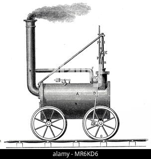 Incisione raffigurante Richard Trevithick la locomotiva a vapore del 1804 per il Pen-y-darran tramroad. Richard Trevithick (1771-1833) un inventore britannico e ingegnere minerario da Cornwall. Datata del XIX secolo Foto Stock