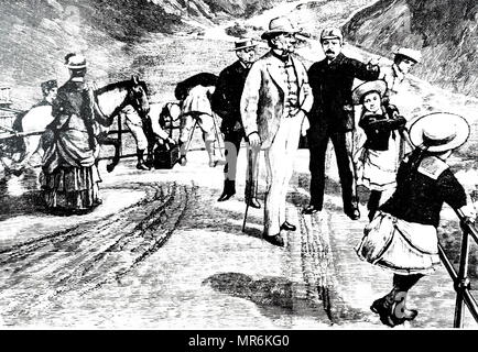 Incisione raffigurante William Ewart Gladstone godendo di una passeggiata a terra per ammirare il paesaggio durante la sua crociera estiva in Norvegia. William Ewart Gladstone (1809-1898) uno statista inglese del partito liberale e primo ministro della Gran Bretagna. Datata del XIX secolo Foto Stock