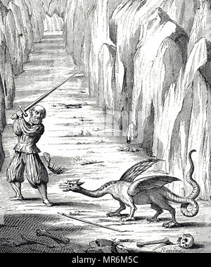Incisione raffigurante un soldato combattendo un drago nella grotta di Monte Pilatus. Datata del XIX secolo Foto Stock
