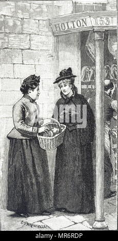 Incisione raffigurante due giovani donne in procinto di entrare in una macelleria a Londra nel periodo Vittoriano. Datata del XIX secolo Foto Stock