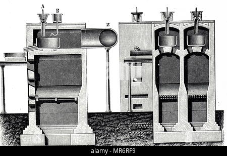 Incisione raffigurante una sezione trasversale delle camere di piombo per la produzione di acido solforico. Datata del XIX secolo Foto Stock