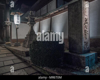 Ingresso del tempio, di notte, con giardino Giapponese e albero, Koyasan, prefettura di Wakayama, Giappone Foto Stock