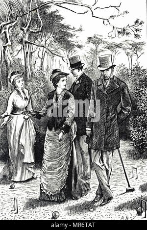 Incisione raffigurante un gioco di croquet. Illustrato da Arthur Hopkins (1848-1930) un artista inglese. Datata del XIX secolo Foto Stock