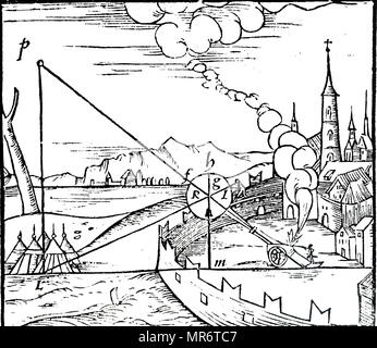 Woodblock incisione raffigurante una nozione aristotelica della traiettoria di un proiettile. Poiché credeva nessun organismo potrebbe impegnarsi di più di un movimento a tempo, il percorso doveva consistere di due distinti movimenti in linea retta. Datata xvi secolo Foto Stock