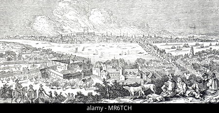 Incisione raffigurante una vista di Londra durante il grande incendio del 1666. Risalenti al XVII secolo Foto Stock