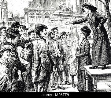 Cartoon commentando la il suffragio femminile movimento - un indirizzamento delle suffragette una folla di Londra. In data xx secolo Foto Stock