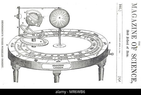 Incisione raffigurante Henderson di Orrery Three-Wheeled, un modello meccanico del sistema solare che illustra o predice le posizioni relative e i movimenti dei pianeti e satelliti, di solito secondo il modello eliocentrico. Datata del XIX secolo Foto Stock