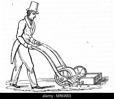 Illustrazione raffigurante una macchina di taglio (tosaerba) inventato da Edward barba germogliare. Un: Ferro tamburo, B: rullo di legno, C: asse su cui lame a spirale montata, D: Box per raccogliere la falciatura. Questo particolare tipo di tosaerba è stato utilizzato nei giardini della Società Zoologica di Londra. Edward barba germogliando (1796-1846), un ingegnere e inventore inglese del tosaerba (1830) e la chiave regolabile (1842). Datata del XIX secolo Foto Stock