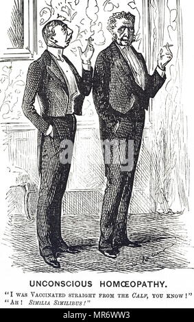 Cartoon raffiguranti uomini commentando essendo vaccinato contro cowpox. Un uomo sostiene che il siero è stato dato a lui direttamente dalla mucca. Datata del XIX secolo Foto Stock