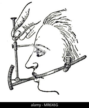 Incisione raffigurante un goniometro per il viso, utilizzata per la misura degli angoli di tale profilo. In data xx secolo Foto Stock