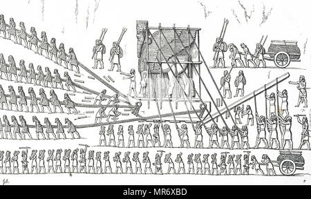 Incisione raffigurante assiri manovra di una colossale statua in posizione per mezzo di leve, funi e rulli. Datata del XIX secolo Foto Stock