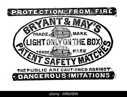 Pubblicità per Bryant & maggio del brevetto fiammiferi di sicurezza. Datata del XIX secolo Foto Stock