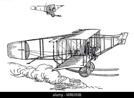Illustrazione di un biplano Wright del tipo spingente con ascensori nella parte anteriore. I fratelli Wright Orville e Wilbur, erano due americani aviatori, tecnici, inventori e pionieri del volo che sono generalmente accreditata con inventare, edificio e battenti nel mondo il primo aereo di successo. In data xx secolo Foto Stock