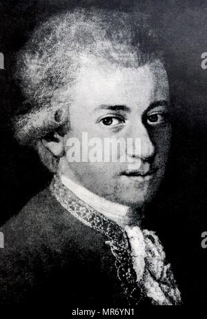 Ritratto di Wolfgang Mozart da Jean Nepomuceno della Croce, 1780. Wolfgang Amadeus Mozart (1756 - 1791), è stato un prolifico e influente compositore d'epoca classica. Foto Stock