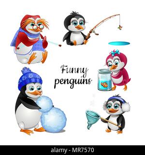 Serie di divertenti pinguini animati isolati su sfondo bianco. Hobby animali. Illustrazione Vettoriale