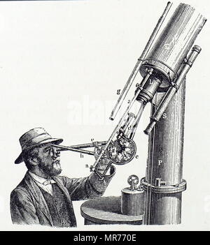 Incisione raffigurante Sir Norman Lockyer osservando lo spettro solare attraverso più di uno spettroscopio a prisma montato su un telescopio rifrattore. Sir Joseph Norman Lockyer (1836-1920) uno scienziato inglese e astronomo. Datata del XIX secolo Foto Stock