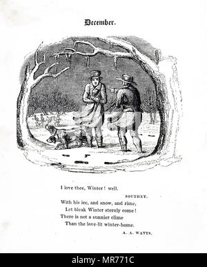 Incisione raffigurante i cacciatori su un giorno d'inverno. Datata del XIX secolo Foto Stock