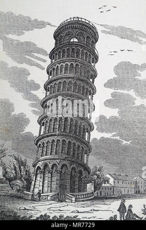 Incisione raffigurante la Torre Pendente di Pisa, il campanile, o freestanding campanile della cattedrale della città italiana di Pisa. Datata del XIX secolo Foto Stock
