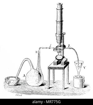 Incisione raffigurante Louis Pasteur il metodo di osservazione sigillato campioni di coltura. Louis Pasteur (1822-1895) un biologo francese, microbiologo e chimico. Datata del XIX secolo Foto Stock